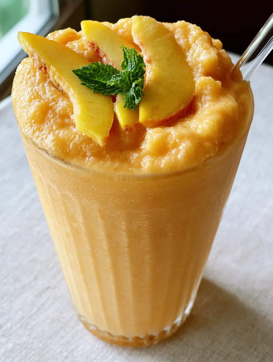 Frosty Frozen Peach Smoothie texture in a glass with condensation and fresh peach garnishes.