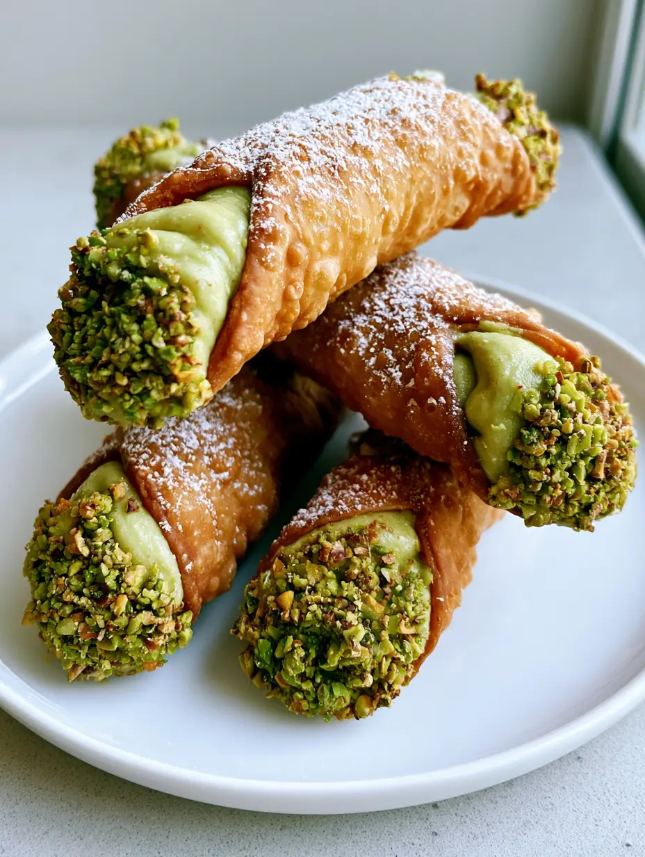 Close-up of a handheld pistachio cannoli showing the deep golden bubbly texture of the fried shell and pale green filling. (Pistachio Cannoli Recipe)