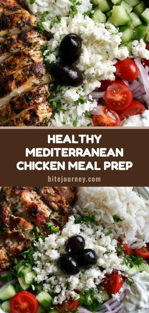 A vertical shot of a Mediterranean Chicken Meal Prep container with grilled chicken, rice, and Greek salad. (Mediterranean Chicken Meal Prep)