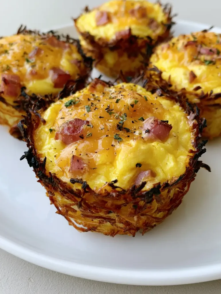 Handheld photo showing the interior texture of Ham and Cheese Egg Muffins, featuring fluffy eggs and diced pink ham.