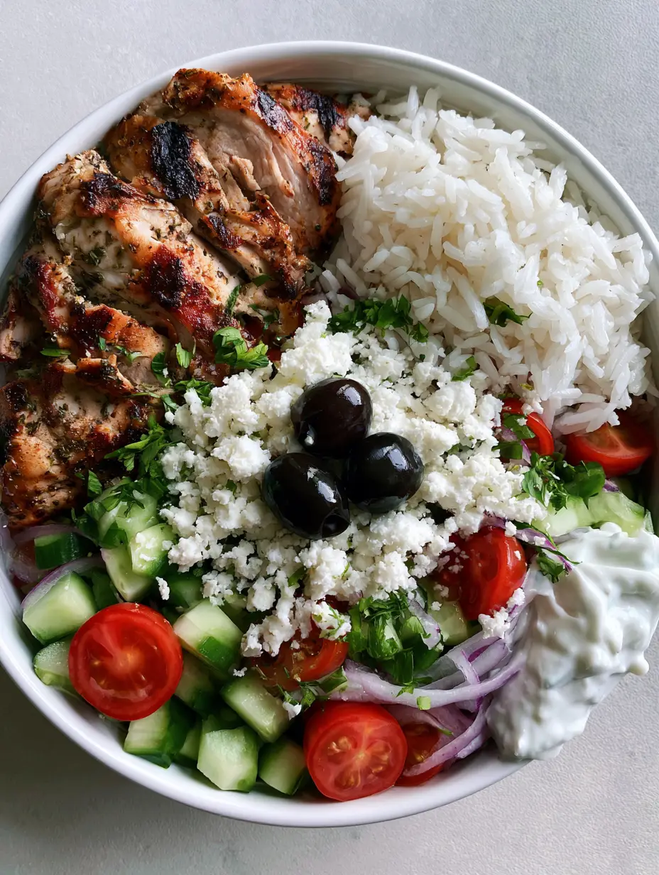Top-down view of a meal prep container showing sliced grilled chicken with char marks and fresh cucumber salad. (Mediterranean Chicken Meal Prep)