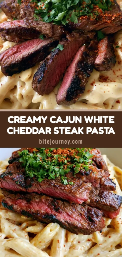 Cajun Steak Pasta with Creamy White Cheddar Sauce 3 A top-down view of Cajun Steak Pasta featuring juicy medium-rare steak slices over creamy white cheddar penne with green parsley garnish.