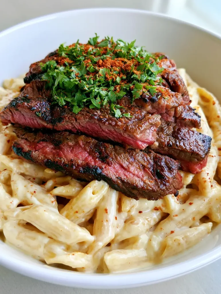 Close-up of Cajun Steak Pasta in a white bowl showing charred steak with pink centers and glossy white cheddar sauce.