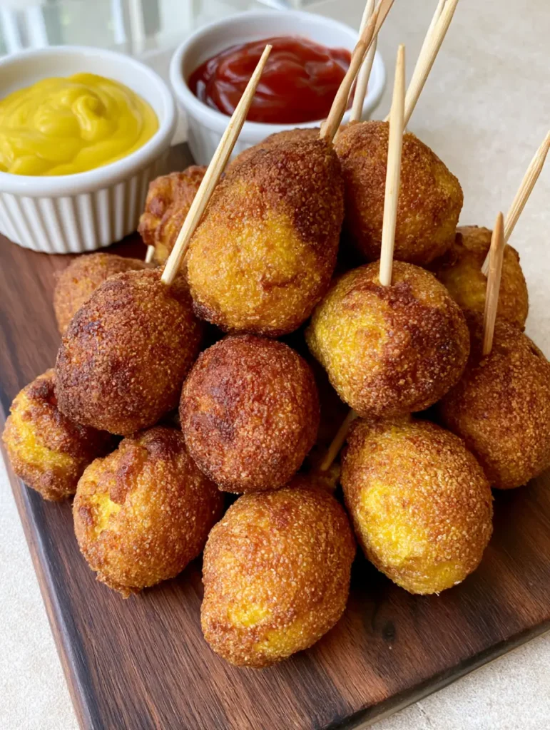 Corn Dog Bites: The Ultimate Crispy Deep-Fried Party Appetizer 2 Close up of deep-fried Corn Dog Bites showing the grainy cornmeal crust texture.