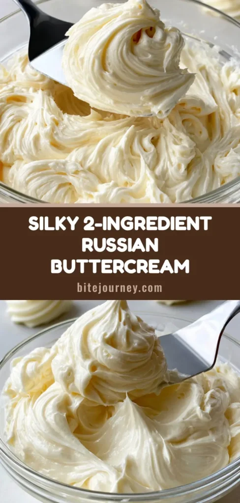 A close up of thick, glossy Russian Buttercream Frosting in a glass bowl with piped swirls and a silver spatula. (Russian Buttercream Frosting)