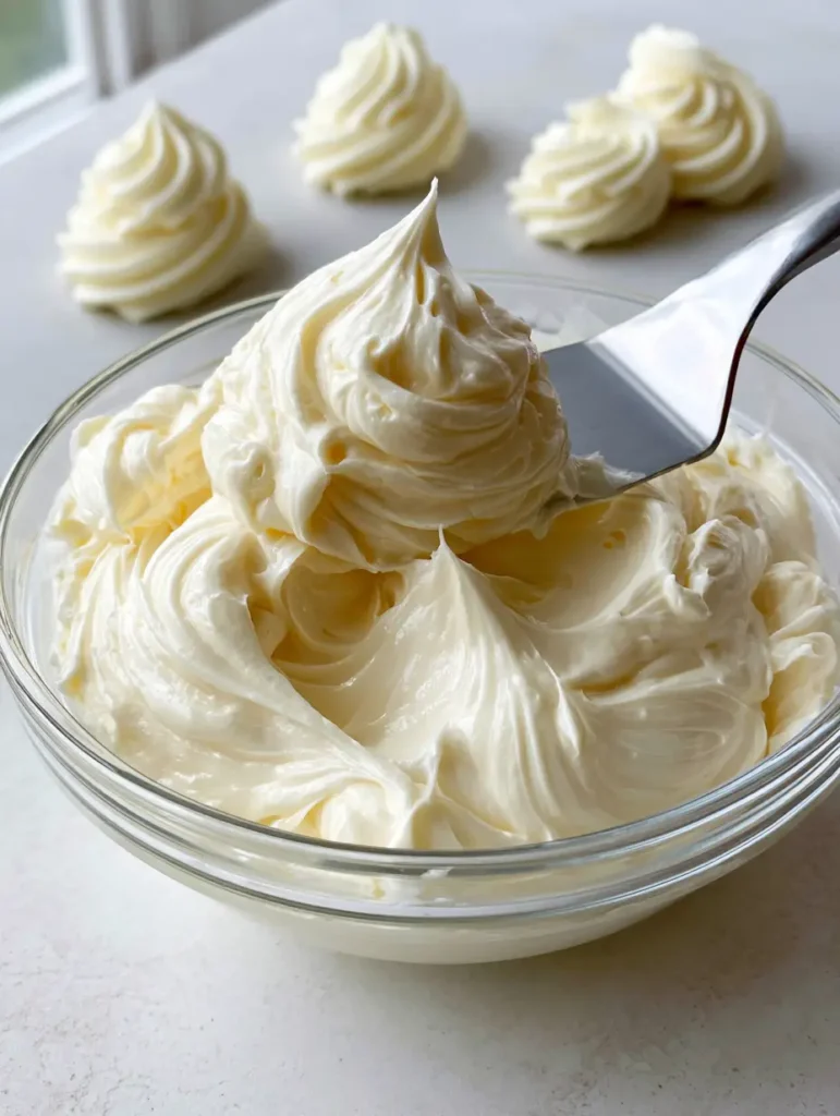 Thick and silky Russian Buttercream Frosting being tested for soft peaks with a metal spatula.