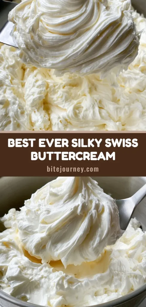 A tall vertical shot of glossy white Swiss Meringue Buttercream with stiff peaks in a bowl. (Swiss Meringue Buttercream Recipe)