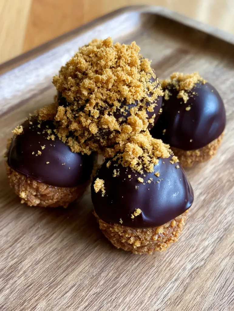 Handcrafted gingerbread truffles topped with coarse golden-brown crumbs on a wooden board.