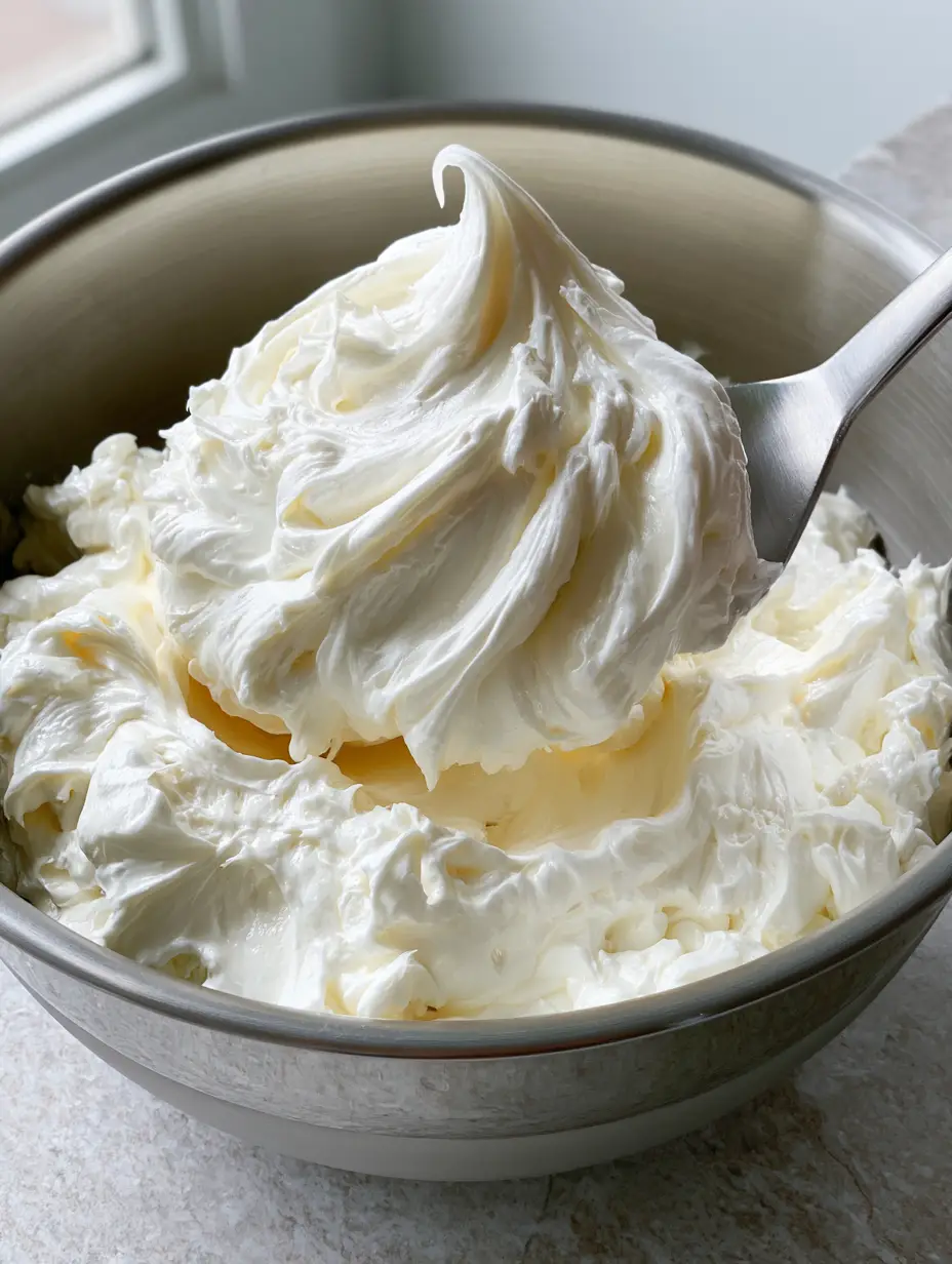 Close-up of thick, glossy white buttercream in a stainless steel bowl with a metal spatula. (Swiss Meringue Buttercream Recipe)