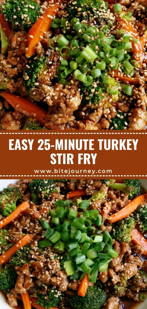 A top-down view of a Ground Turkey Stir Fry in a white bowl with browned turkey, bright green broccoli, and glossy sauce.