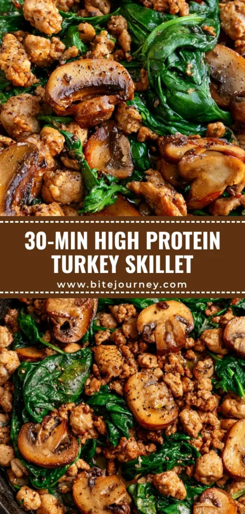 A rustic top-down view of a Ground Turkey Skillet in a cast iron pan with browned turkey, sautéed mushrooms, and wilted spinach.