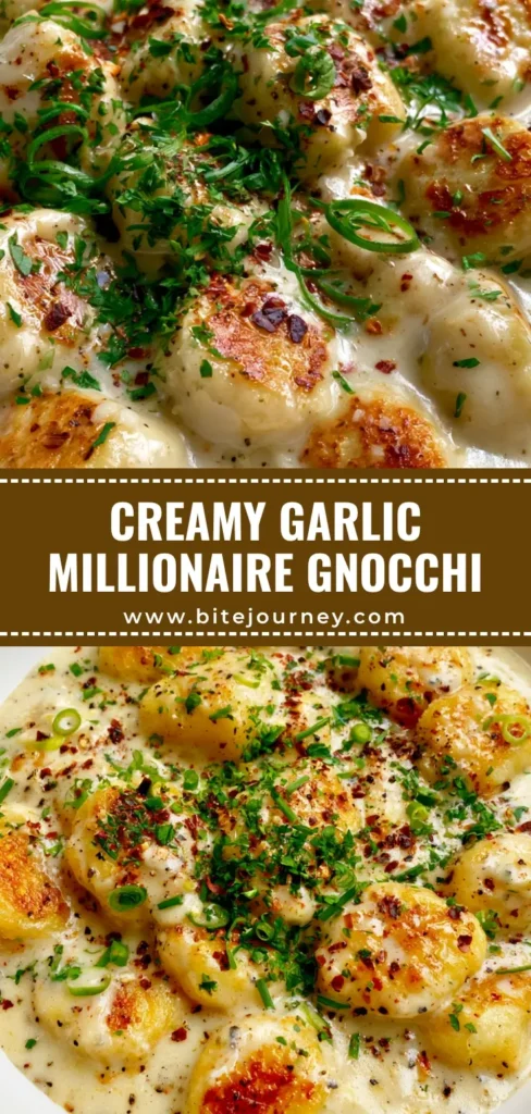 A shallow white ceramic bowl featuring Millionaire Gnocchi with golden-brown crusts in a thick garlic parmesan sauce topped with parsley and chives.
