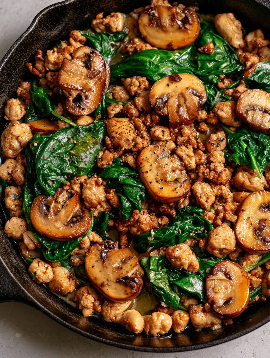 Close-up of a Ground Turkey Skillet showing juicy browned turkey crumbles and seared cremini mushrooms in a black skillet.