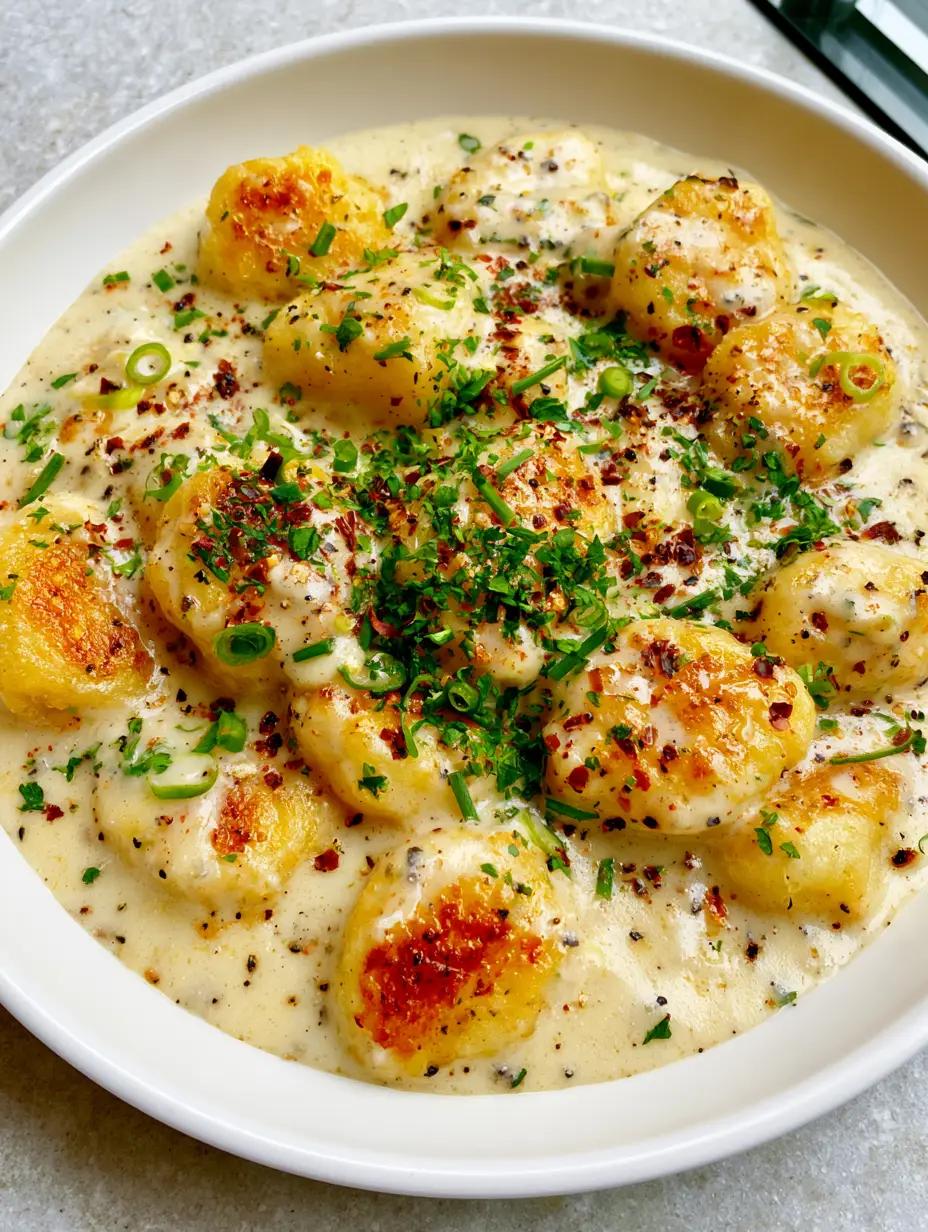 Close-up of Millionaire Gnocchi showing the golden-brown seared crust and thick garlic parmesan cream sauce with red pepper flakes.