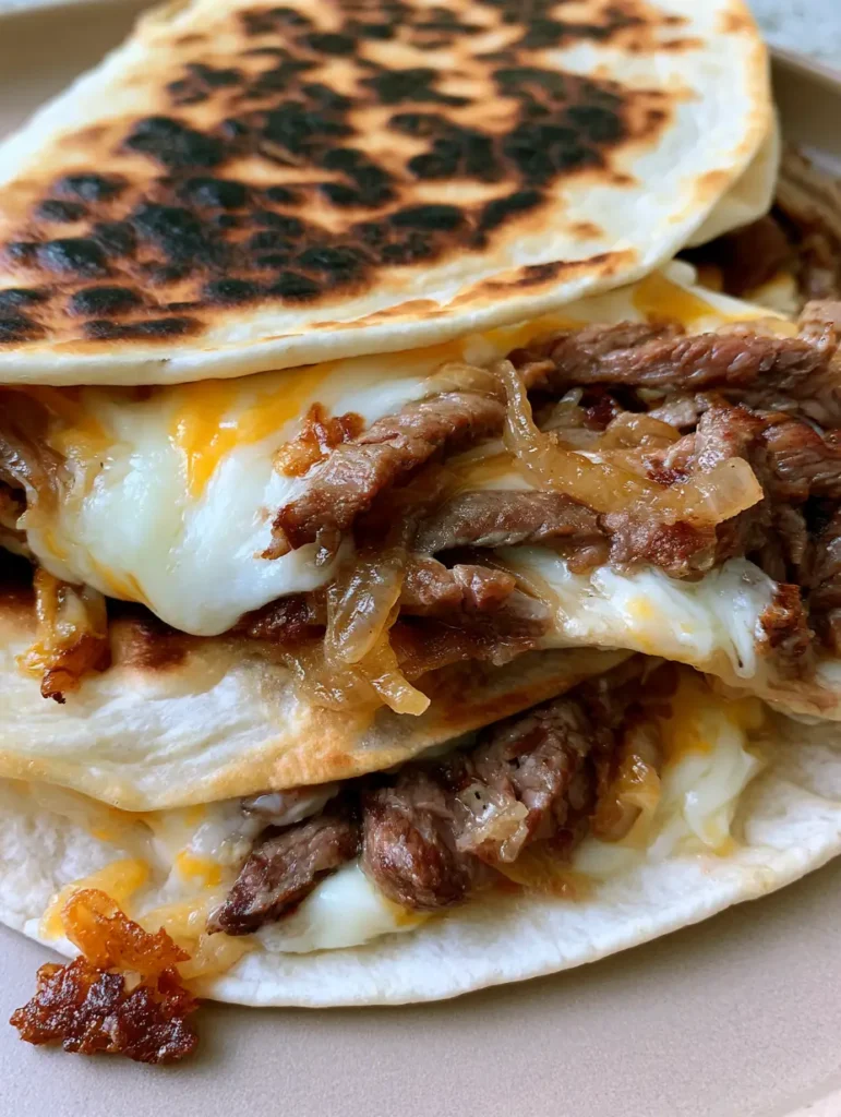 Handheld shot of steak quesadillas filled with shaved steak and translucent caramelized onions.