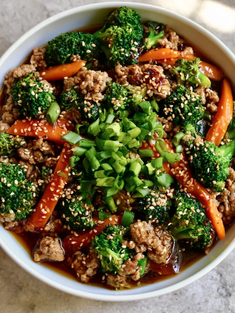 Top-down photo of Ground Turkey Stir Fry garnished with sesame seeds and green onions on a light stone countertop.