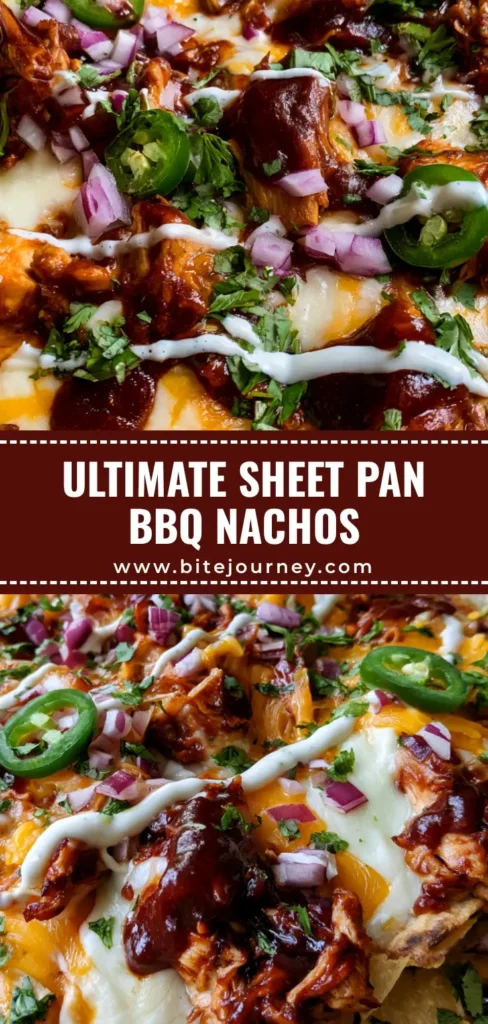A handheld smartphone photo of a sheet pan filled with homemade BBQ chicken nachos, featuring melted orange cheddar, white mozzarella, and glossy BBQ chicken with a ranch drizzle.
