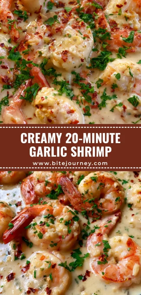 A vertical Pinterest-optimized shot of Creamy Coconut Garlic Shrimp in a dark skillet, showing the thick white sauce and bright green parsley.