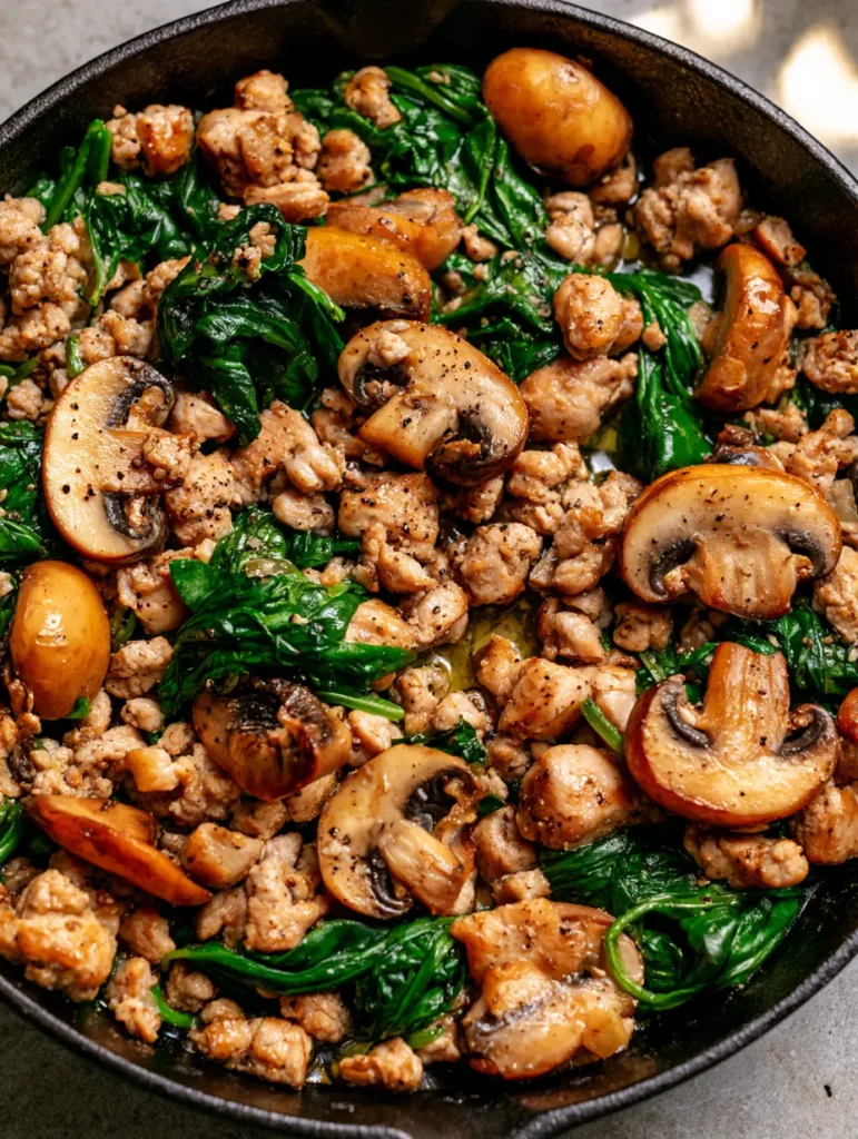 Top-down shot of a finished Ground Turkey Skillet with vibrant green spinach and cracked black pepper garnish.