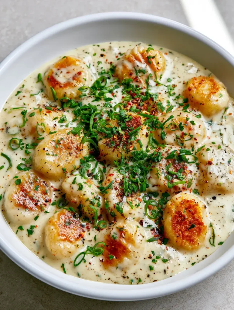 A wide shot of Millionaire Gnocchi garnished with fresh herbs in a white bowl against a grey stone background.