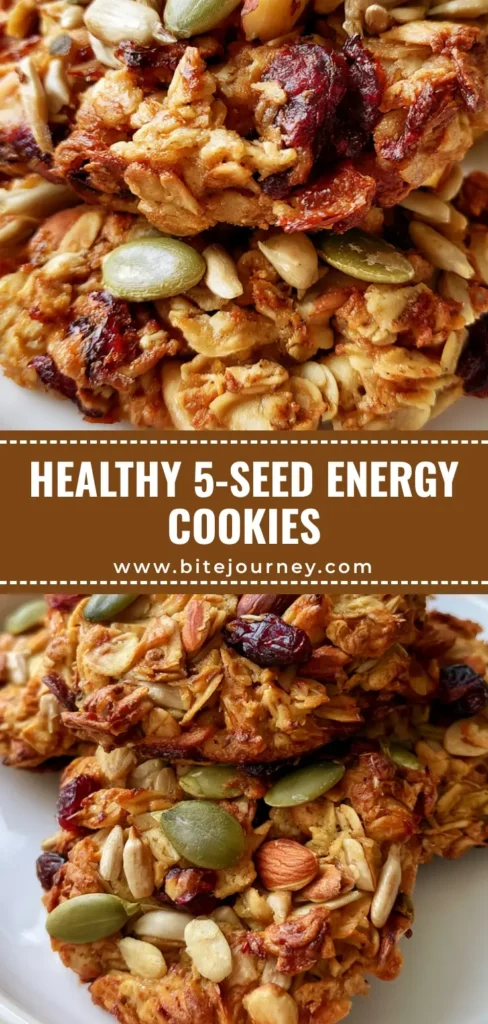 A tall stack of thick Healthy Nut and Seed Cookies on a white ceramic plate, showing visible pumpkin seeds and cranberries.