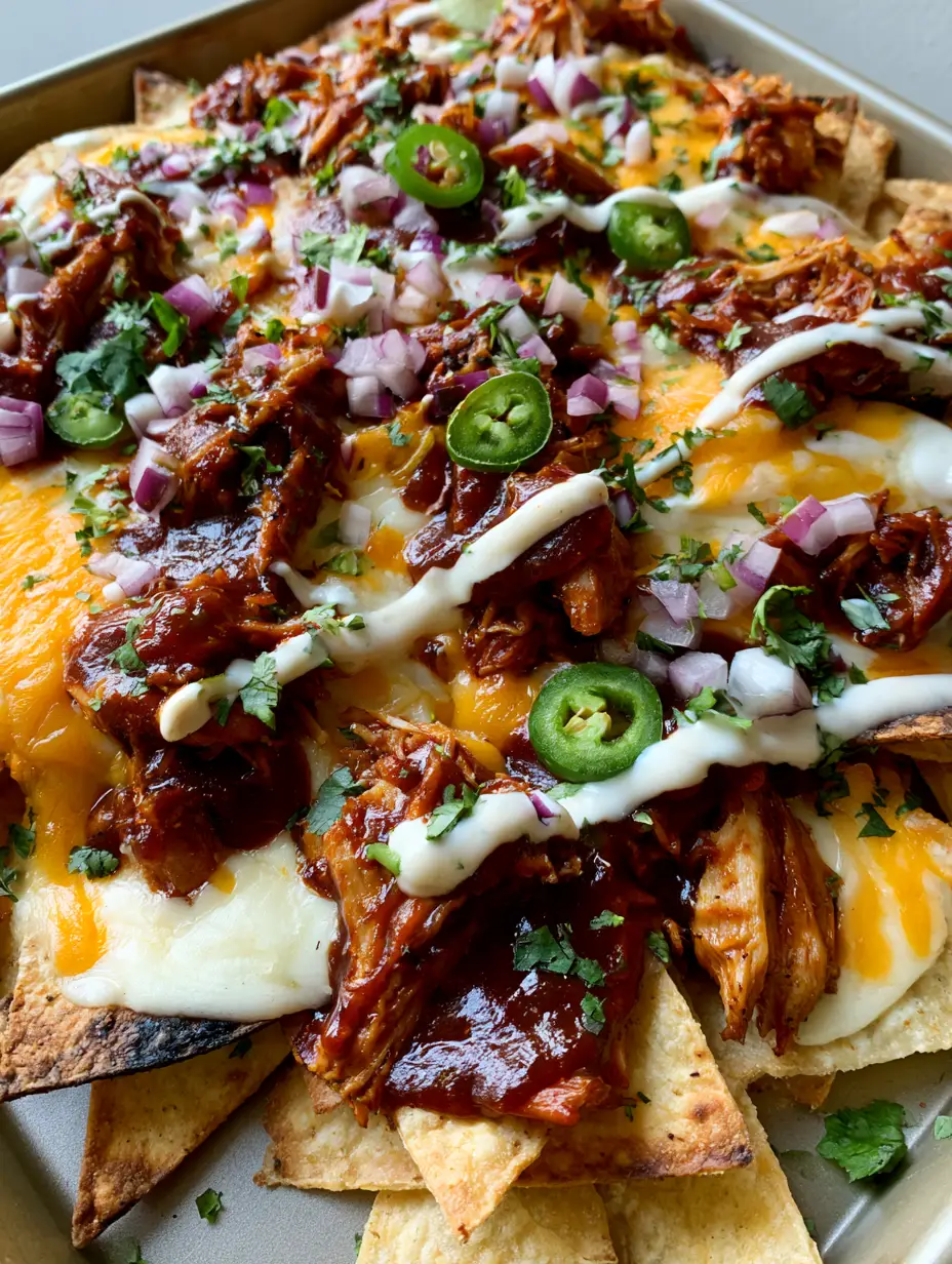 Close up shot of BBQ Chicken Nachos on a sheet pan showing toasted chip edges and mahogany BBQ sauce. (BBQ Chicken Nachos)