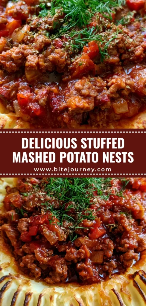 A single handheld smartphone photo of a stuffed mashed potato nest featuring golden-brown ridges and a dark red beef tomato glaze on a rustic plate.