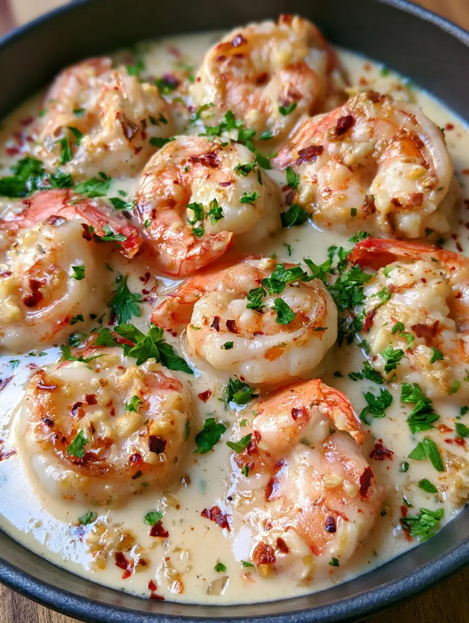 Top-down view of Creamy Coconut Garlic Shrimp with golden char marks in a velvety white sauce.