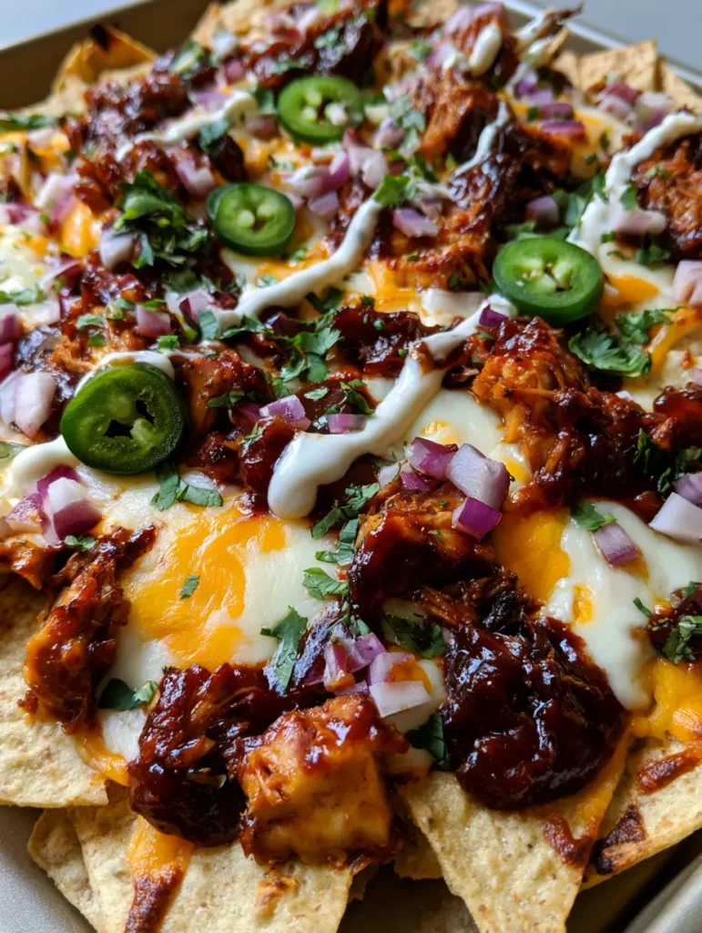 A top-down view of loaded BBQ Chicken Nachos with fresh jalapeño rounds, red onions, and a zigzag of ranch dressing.
