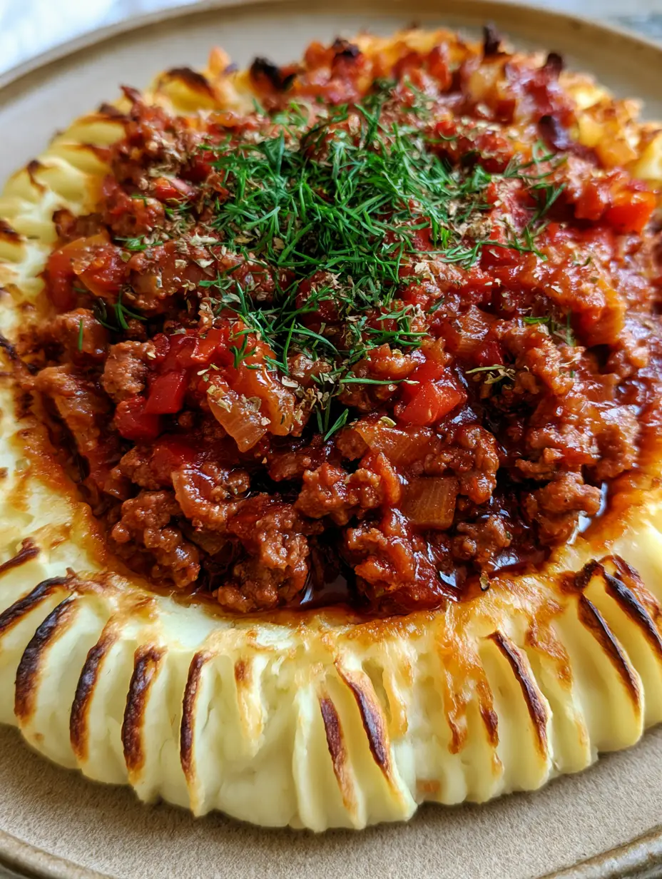 Visual of a piped mashed potato nest with charred ridges and a savory ground beef center topped with fresh dill.