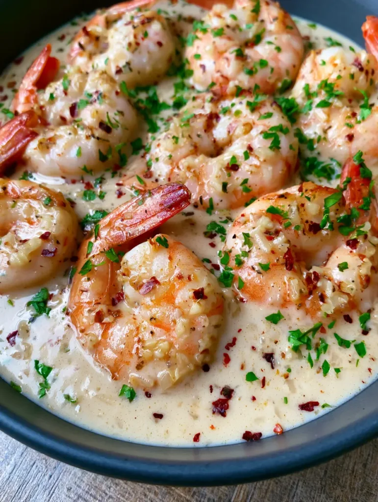 Close-up of succulent shrimp nestled in a thick coconut milk reduction heavily speckled with garlic.