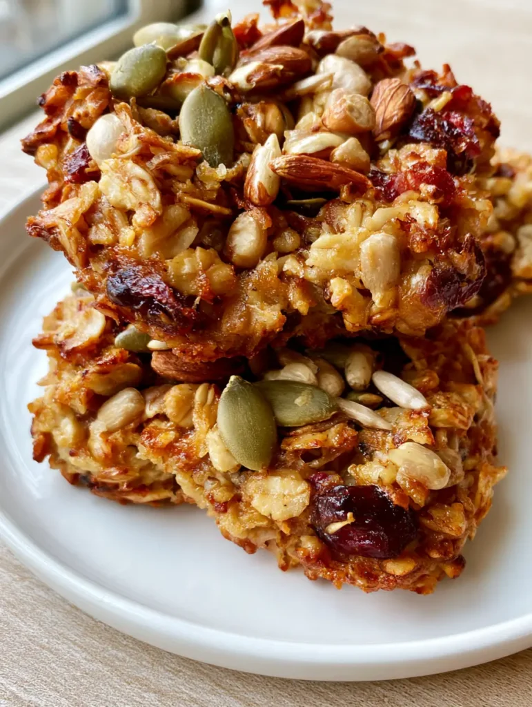 Thick Nut and Seed energy cookies stacked on a white plate in natural window light.