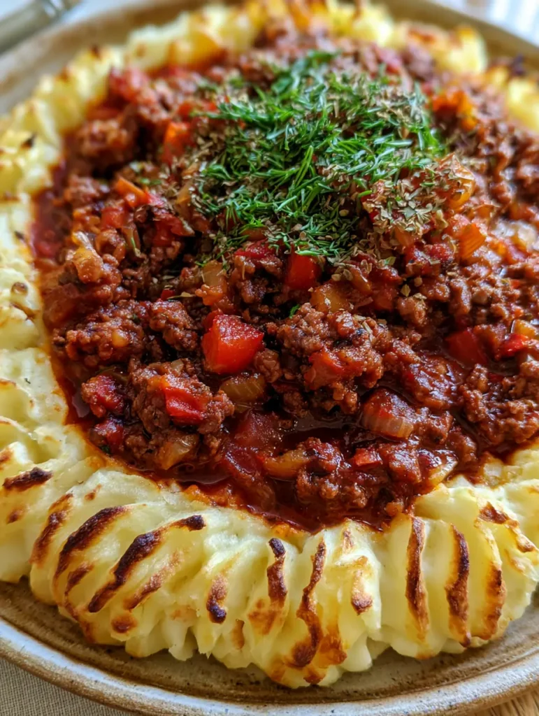 Close up photo showing the thick tomato glaze on the ground beef crumbles inside a potato nest.
