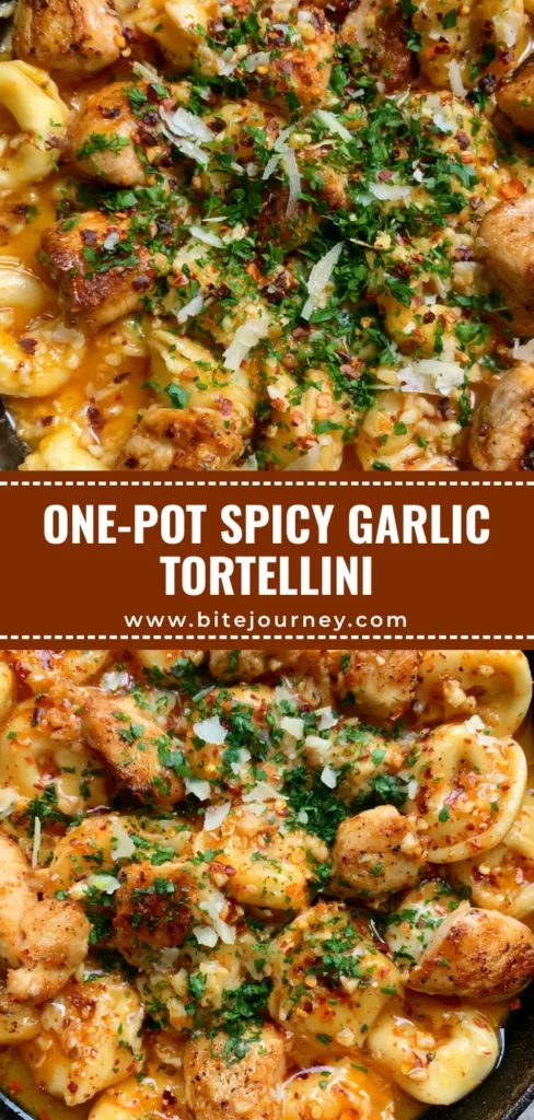 Spicy Garlic Butter Chicken Tortellini with Shaved Parmesan 4 A rustic skillet filled with Spicy Garlic Butter Chicken Tortellini, garnished with green parsley and shaved parmesan on a stone background.
