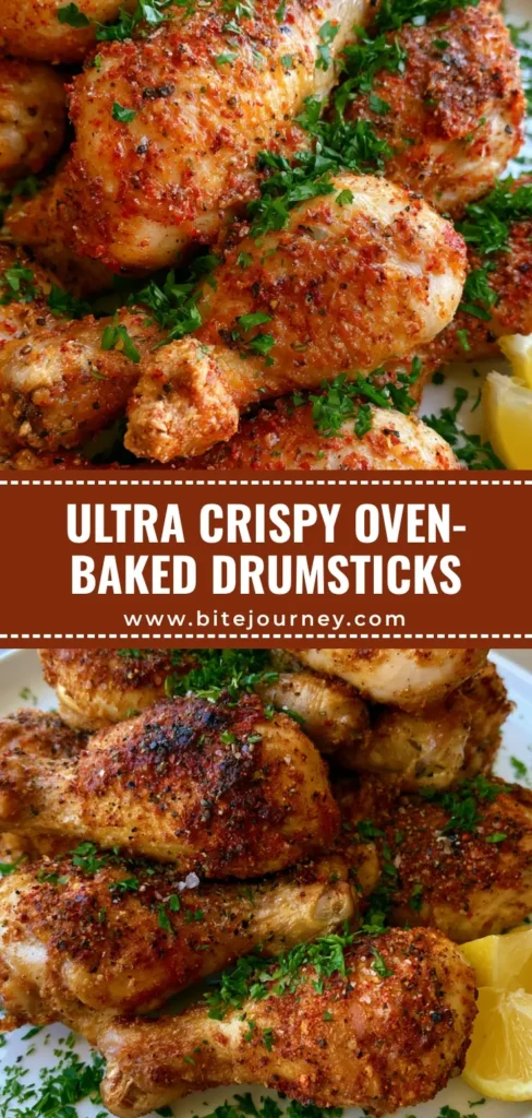 A vertical stack of eight Crispy Oven-Baked Chicken Drumsticks on a white plate with parsley and lemon wedges.