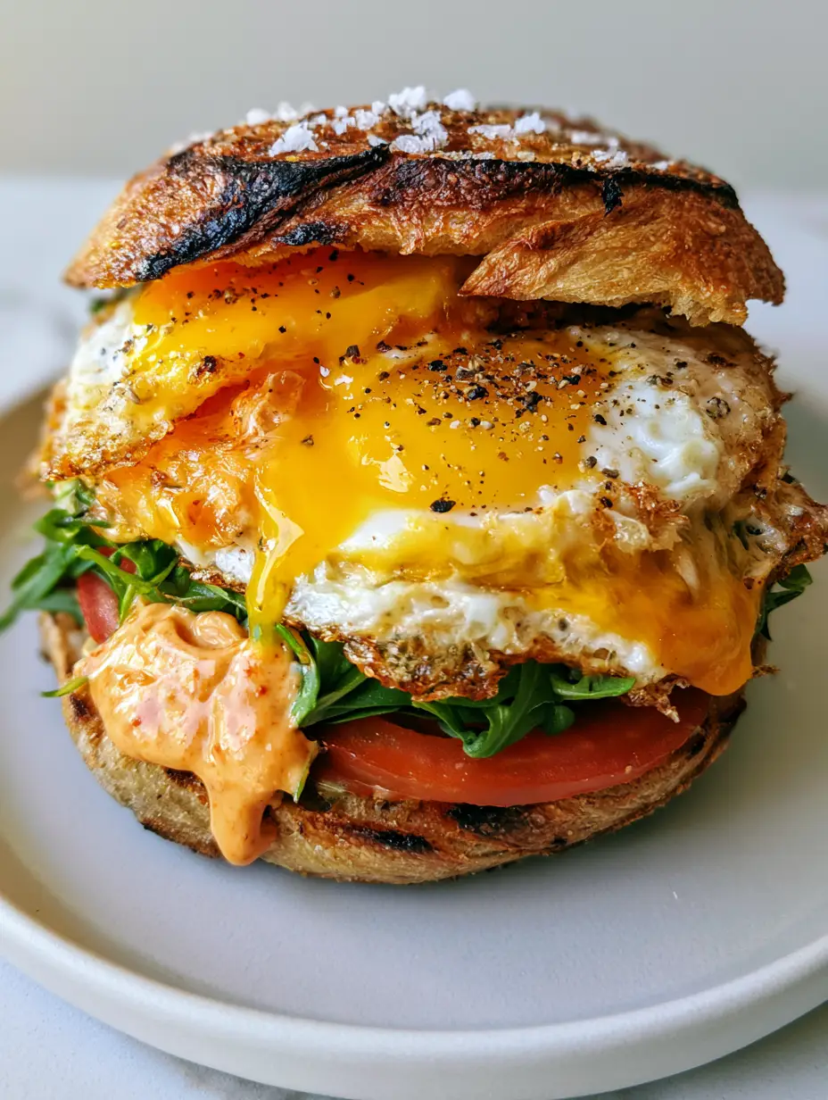 Close-up of a High Protein Egg Sandwich showing the texture of the crispy egg whites and the creamy orange chipotle aioli.
