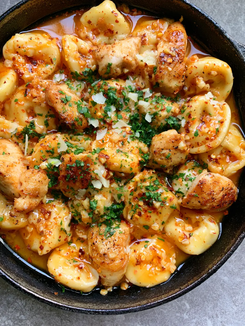 Spicy Garlic Butter Chicken Tortellini with Shaved Parmesan 3 Close-up of seared chicken and plump tortellini in a glossy orange-tinted garlic butter sauce. (Spicy Garlic Butter Chicken Tortellini)