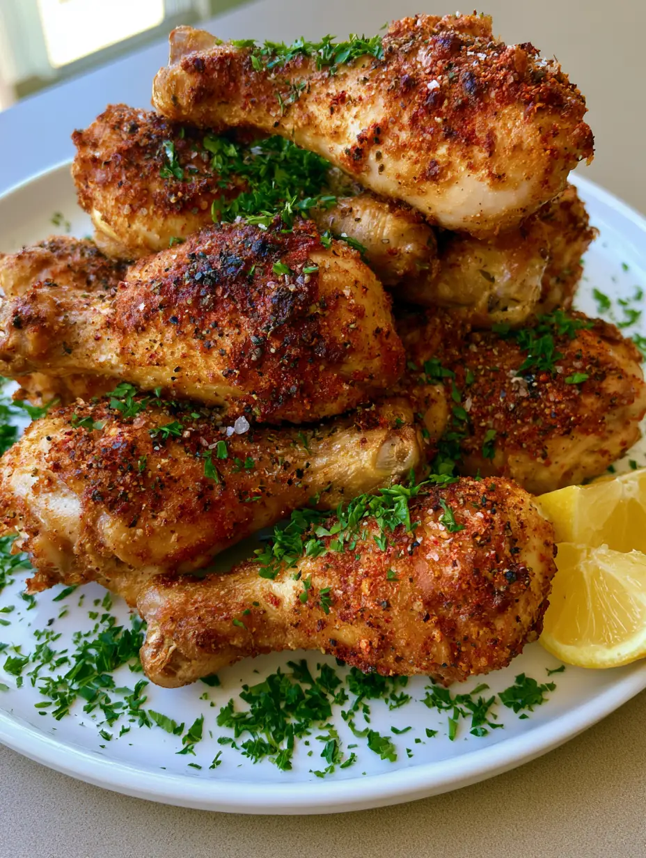 Close-up of blistered golden-brown chicken skin on Crispy Oven-Baked Chicken Drumsticks.