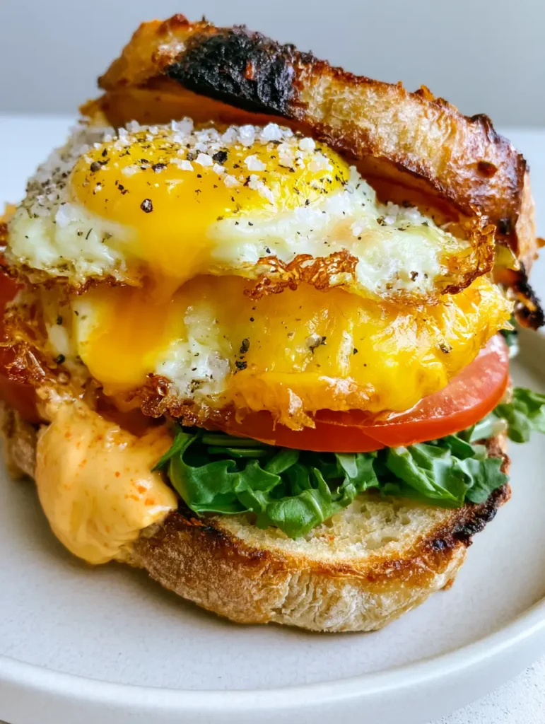 A high-angle handheld photo of the High Protein Egg Sandwich on a matte white plate with a neutral background.