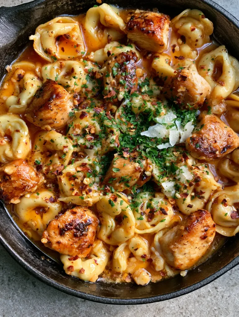 Spicy Garlic Butter Chicken Tortellini with Shaved Parmesan 1 Top-down view of Spicy Garlic Butter Chicken Tortellini in a black skillet with red pepper flakes and parsley.