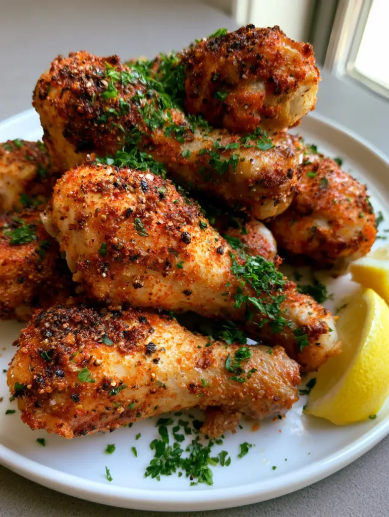 Stack of eight Crispy Oven-Baked Chicken Drumsticks garnished with fresh parsley on a white ceramic plate.