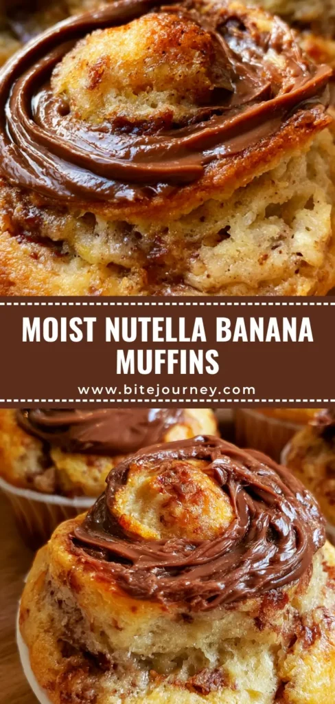 A close-up shot of freshly baked Nutella Banana Muffins in white paper liners with a glossy dark brown Nutella swirl on top.