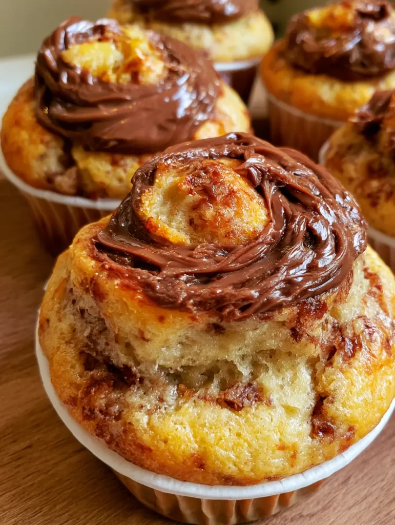 Eye-level view of several Nutella Banana Muffins showing the soft airy crumb and thick hazelnut swirl.