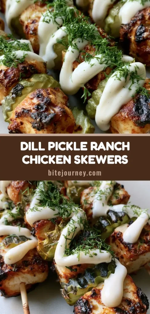 A handheld smartphone photo showing three wooden Dill Pickle Chicken Skewers with charred chicken and crinkle-cut pickles, topped with ranch and fresh dill.