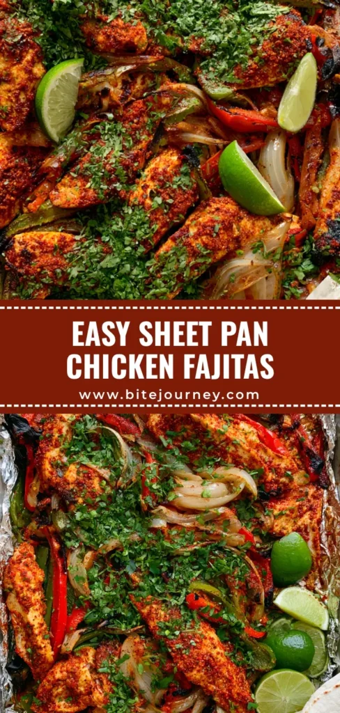 Sheet Pan Chicken Fajitas: The Ultimate Charred One-Tray Dinner 3 A rectangular metal baking tray filled with charred Sheet Pan Chicken Fajitas, roasted peppers, caramelized onions, and toasted tortillas garnished with cilantro and lime.