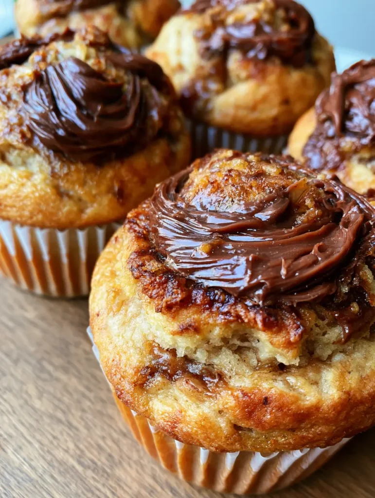 Close-up of the glossy Nutella swirl on top of a golden-brown banana muffin base.