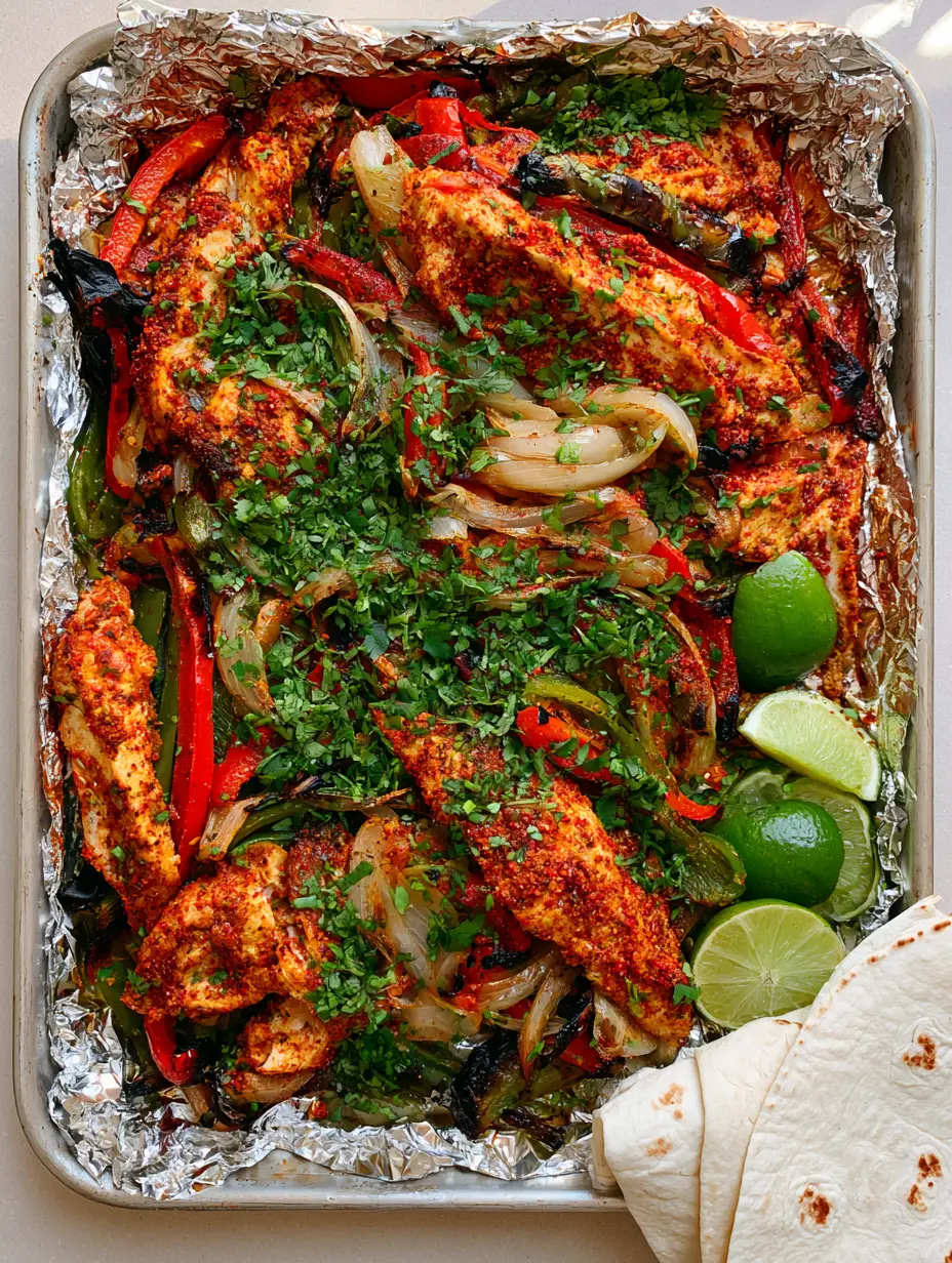 Sheet Pan Chicken Fajitas: The Ultimate Charred One-Tray Dinner 4 Top down view of Sheet Pan Chicken Fajitas on a foil-lined tray with red and green peppers and lime rounds.