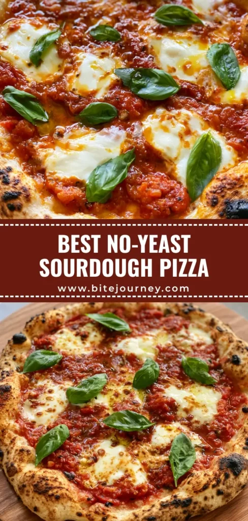 A rustic artisan Sourdough Discard Pizza Crust with charred leopard spotting, chunky tomato sauce, and fresh basil on a wooden peel.