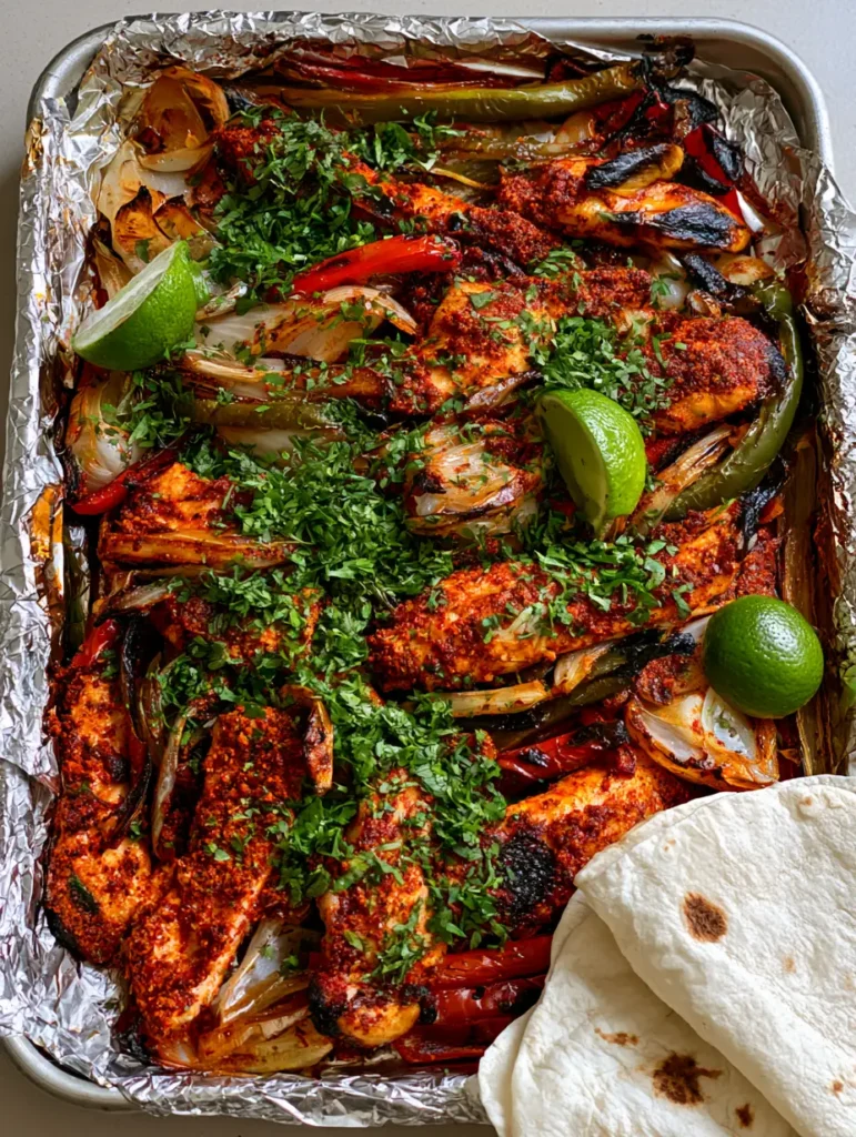 Sheet Pan Chicken Fajitas: The Ultimate Charred One-Tray Dinner 1 Close up of blistered peppers and spice-rubbed chicken breast in a Sheet Pan Chicken Fajitas recipe.