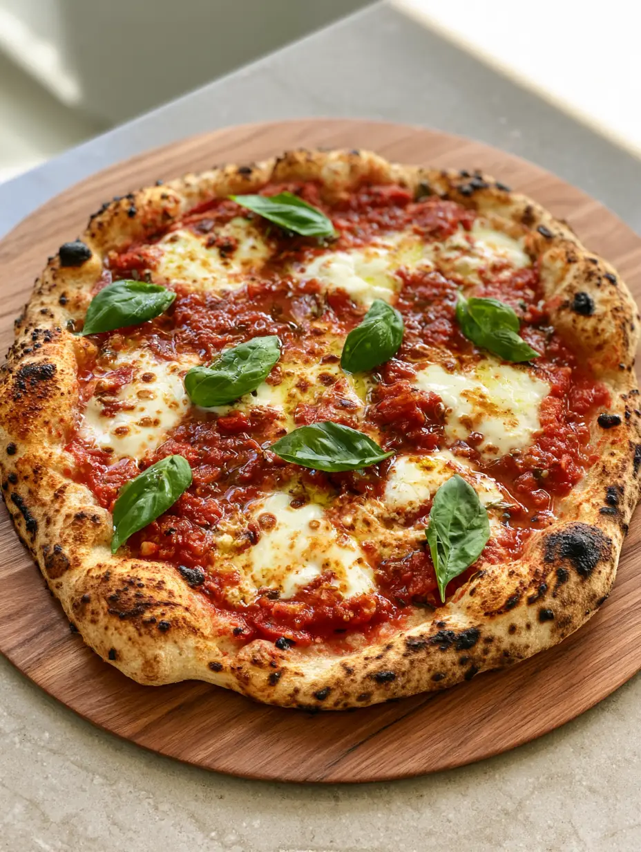 Close up of a hand-stretched Sourdough Discard Pizza Crust showing airy bubbles and browned mozzarella cheese.
